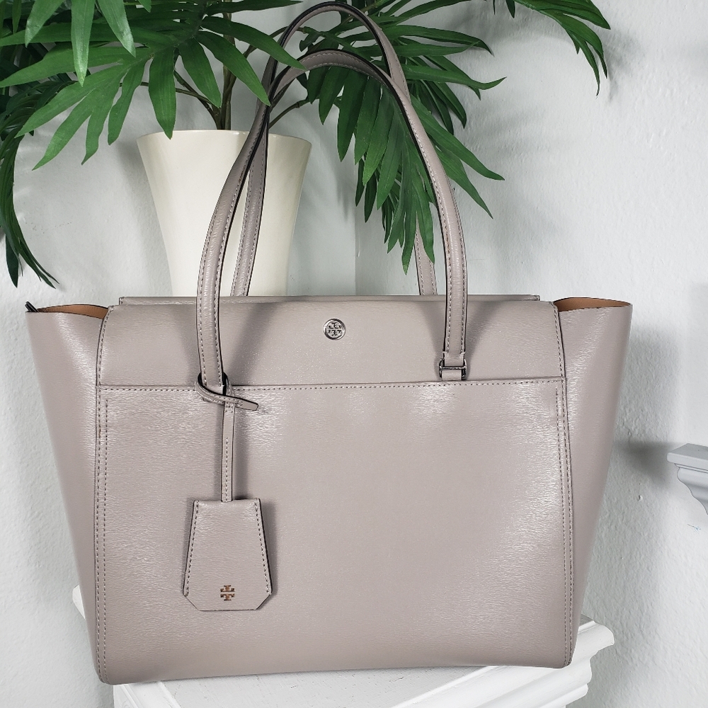 Tory Burch HUGE Gray Leather Parker Tote Satchel Classic Nuetral 18 x 10.5 x 7